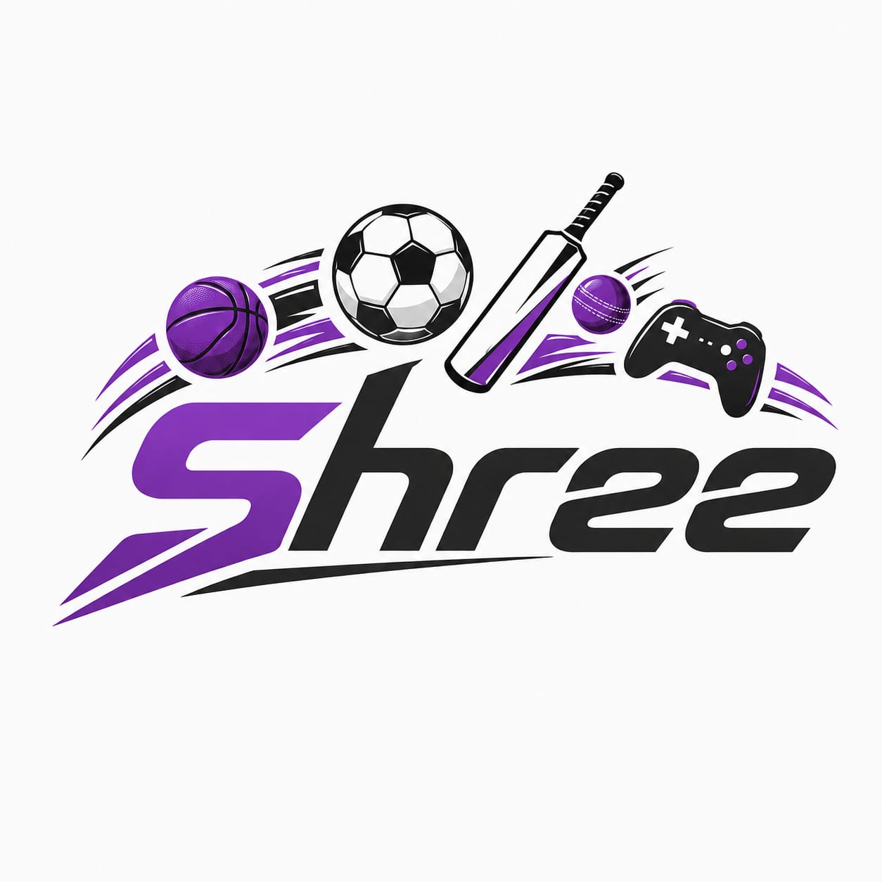 SHREE sports gaming logo with cricket, football, basketball and gaming symbols